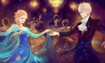  1boy 1girl alternate_costume blonde_hair blue_eyes cravat crossover dancing disney dress elsa_(frozen) formal frozen_(disney) jack_frost_(rise_of_the_guardians) long_hair rise_of_the_guardians sequins white_hair 