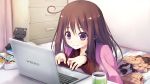  1girl bed book brown_hair computer cup female game_cg happy jacket kazami_haruki long_hair satsukoi_yuukyuu_naru_koi_no_uta school_uniform sitting skirt smile solo typing violet_eyes 