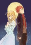  1boy 1girl ahoge alternate_costume alternate_hairstyle blonde_hair closed_eyes dress emiya_shirou fate/stay_night fate/zero fate_(series) greatcoat hair_down hands_clasped moon redhead saber scarf size_difference star 