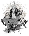  1boy anchor denim doctor hat jacket jeans male_focus monochrome nodachi one_piece pants scabbard sheath shizimi0218 sitting skull sword tattoo trafalgar_law visor_cap weapon 