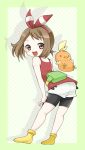  10s 1girl brown_eyes brown_hair female full_body haruka_(pokemon) haruka_(pokemon)_(remake) kotomi_(happy_colors) looking_at_viewer looking_back pokemon pokemon_(game) pokemon_oras solo torchic 