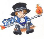  1boy character_name chibi fire hat male_focus marker_(medium) moamoa_(etsu1443) one_piece pole sabo_(one_piece) scar sitting top_hat traditional_media 