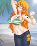  1girl bikini_top blush breasts brown_eyes cleavage gul-fuh large_breasts long_hair midriff nami_(one_piece) navel one_piece orange_hair outdoors smile solo standing 