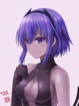  1girl assassin_(fate/prototype_fragments) bangs bare_shoulders black_gloves blush breasts center_opening dark_skin fate/prototype fate/prototype:_fragments_of_blue_and_silver fate_(series) gloves hairband haura_akitoshi medium_breasts purple_hair short_hair solo twitter_username violet_eyes 