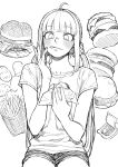  1girl :p ahoge bangs blunt_bangs blush burger chicken_nuggets eyebrows_visible_through_hair food french_fries greyscale haiokumantan highres long_hair monochrome original scrunchie shorts simple_background smile tongue tongue_out twintails 