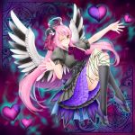 1girl black_legwear breasts duel_monster full_body ghostrick_angel_of_mischief ghostrick_spoiled_angel green_eyes hat heart highres long_hair multicolored_hair multicolored_wings nail_polish one_eye_closed open_mouth pink_hair purple_hair side_ponytail solo usoutsuki white_hair wings yu-gi-oh! 