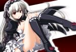  blush boots breasts cleavage doll_joints dress gucchi hairband knee_boots long_hair red_eyes rozen_maiden silver_hair sitting suigintou 