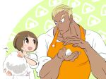  1boy 1girl apron ariorihaberi blonde_hair bob_cut brown_hair couple dark_skin earrings food food_on_face gamagoori_ira jewelry kill_la_kill mankanshoku_mako onigiri rice rice_on_face short_hair 