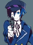  1girl blue_eyes blue_hair enomoto_(puchi25micro) gun hat megami_tensei persona persona_4 shin_megami_tensei shirogane_naoto short_hair very_short_hair weapon wink 
