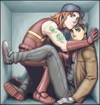  2boys arsenal_(dc) baseball_cap batman_(series) black_hair bodysuit boots box dc_comics gloves green_arrow_(series) hat in_container jacket jason_todd multiple_boys orange_hair red_hood_(dc) roy_harper sitting sleeveless tattoo 