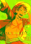  1boy color_palette hand_on_headwear hat limited_palette male_focus monkey_d_luffy one_piece open_clothes open_shirt palette sash scar shirt smile solo straw_hat yuu_(1969loy) 