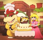  1boy 1girl anniversary armband basket blonde_hair blue_eyes bowser cake chef_hat claws crown dress earrings food fruit hat horns jewelry long_hair super_mario_bros. monster nintendo open_mouth princess_peach red_eyes smile spikes strawberry super_mario_bros. teeth 