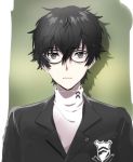  1boy black_hair emblem glasses kurusu_akira looking_at_viewer male_focus messy_hair nara persona persona_5 protagonist_(persona_5) school_uniform short_hair simple_background solo turtleneck 