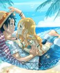  1boy 1girl beach black_hair blush brown_eyes earrings eye_contact grin hammock hat jewelry long_hair looking_at_another lying meitarou monkey_d_luffy nami_(one_piece) ocean on_back on_person one_piece orange_hair outdoors shorts smile straw_hat tattoo 