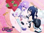  2girls all_fours bare_shoulders black_hair black_ribbon blush choujigen_game_neptune cup d-pad hoodie neptune_(choujigen_game_neptune) neptune_(series) purple_hair red_eyes short_hair sitting smile spoon strawberry sugar tongue twintails uni_(choujigen_game_neptune) violet_eyes 