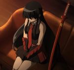  1girl akame akame_ga_kill! bare_shoulders black_hair couch gloves highres long_hair screencap sitting skirt solo stitched sword very_long_hair weapon 