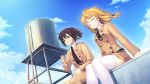  1boy 1girl black_hair blonde_hair breasts cigarette closed_eyes clouds game_cg happy kazami_haruki legs long_hair ponytail satsukoi_yuukyuu_naru_koi_no_uta school_uniform sitting skirt sky smile smoking thigh-highs thighs white_legwear wind 