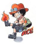  1boy character_name chibi fire hat male_focus marker_(medium) moamoa_(etsu1443) one_piece portgas_d_ace shorts solo topless traditional_media 