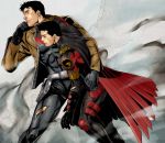  2boys bat_(symbol) batman_(series) belt black_hair brothers cape carrying dc_comics family gloves holster jacket jason_todd jiro leaning multiple_boys red_hood_(dc) red_robin rubble siblings tim_drake torn_clothes 