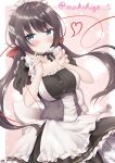  1girl absurdres apron artist_name azur_lane back_bow black_dress bow breasts brown_hair dress eyebrows_visible_through_hair frilled_dress frilled_hairband frills glasgow_(azur_lane) green_eyes hairband highres long_hair maid_headdress makihige medium_breasts pantyhose solo string string_of_fate twintails two-tone_dress underbust valentine waist_apron white_apron white_bow white_dress 
