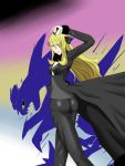  1girl artist_request ass blonde_hair blush breasts coat from_behind fur_trim garchomp green_eyes hair_ornament hair_over_one_eye long_hair looking_at_viewer pants poke_ball pokemon shirona_(pokemon) smile 