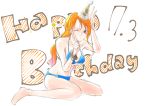  1girl bikini breasts brown_eyes btvs144 cleavage happy_birthday long_hair nami_(one_piece) one_piece orange_hair sitting swimsuit wink 