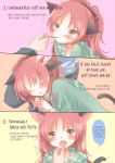  1girl animal_ears bow cat_ears cat_tail fangs feeding hair_bow hard_translated kemonomimi_mode mahou_shoujo_madoka_magica pocky redhead sakura_kyouko tail translated yoshizoe_eiko 