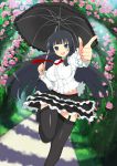  1girl black_hair blue_eyes flower garden garter_belt ikaruga_(senran_kagura) long_hair necktie official_art parasol senran_kagura senran_kagura_(series) skirt solo thigh-highs umbrella yaegashi_nan 