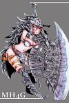  1girl armor breasts capcom chains cleavage dara_amadyura_(armor) garyuu_ryuuga helmet monster_hunter monster_hunter_4_ultimate navel solo tagme weapon yellow_eyes 