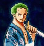  1boy earrings green_hair hawaiian_shirt highres jewelry male_focus marker_(medium) one-eyed one_piece open_clothes open_shirt roronoa_zoro ryuchin032612 scar shirt sword traditional_media weapon 