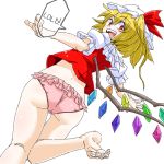  1girl aono3 ass barefoot blonde_hair dutch_angle flandre_scarlet from_behind hard_translated hat looking_back no_pants open_mouth panties pink_panties red_eyes simple_background solo standing_on_one_leg touhou translated underwear wings 