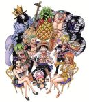  bamboo_steamer black_hair blonde_hair blue_hair brook chair dessert dim_sum dumpling food franky fruit glass green_hair hat ice_cream instrument monkey_d_luffy nami_(one_piece) nico_robin oda_eiichirou official_art one_piece orange_hair pineapple purple_upholstery reindeer roronoa_zoro sanji sitting skeleton spoon squid straw_hat tony_tony_chopper usopp 