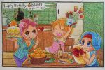  3girls bellemere birthday book box cake chibi clothes_writing family food fruit gift gift_box kitchen mohawk mother_and_daughter multiple_girls nami_(one_piece) nojiko one_piece onexone orange orange_hair pink_hair ponytail siblings sisters table 