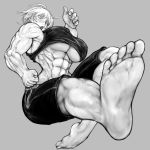  1girl abs artist_request blush breasts cleavage feet kicking monochrome muscle short_hair solo under_boob 