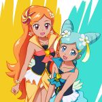  2girls bare_shoulders blue_eyes blue_hair cure_sunset cure_wave earrings flower hair_flower hair_ornament happinesscharge_precure! highres jewelry long_hair magical_girl mont_blanc_(heartcatch_ayaya) multiple_girls ohana_(happinesscharge_precure!) orange_hair orina_(happinesscharge_precure!) precure red_eyes shirt sketch skirt twintails wrist_cuffs 