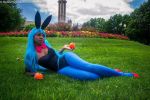  1girl animal_ears blue_hair blue_legwear bow bowtie bulma bunnysuit cosplay dark_skin dragon_ball dragon_ball_(object) female leotard pantyhose photo princess_mentality rabbit_ears red_shoes shoes solo 