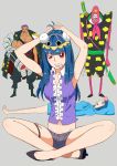 bins blue_hair bon_clay ein_(one_piece) grin high_heels hood hoodie long_hair lying mouth_hold on_back one_piece one_piece_film:_z red_eyes s_sasaki_09140 short_shorts shorts sitting smile zephyr_(one_piece)