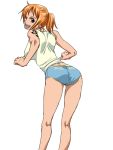  1girl :d ass from_behind kuri_(pienu) leaning_forward long_hair looking_back nami_(one_piece) one_piece open_mouth orange_hair short_shorts shorts smile solo tattoo wink 