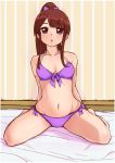  1girl aikatsu! arms_behind_back bangs bed bikini blush breasts brown_hair front-tie_bikini front-tie_top full_body high_ponytail indoors long_hair looking_at_viewer navel on_bed parted_lips ponytail purple_bikini shibuki_ran side-tie_bikini sidelocks sitting sketch small_breasts spread_legs swimsuit tyranu vertical_stripes violet_eyes wariza wide_hips 