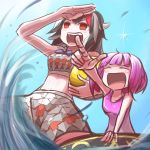  :d alternate_hair_color alternate_hairstyle bangs blunt_bangs closed_eyes covering_face highres kijin_seija laughing no_pupils ocean one-piece_swimsuit open_eyes open_mouth peroponesosu. pink_hair pointing sky smile sparkle sukuna_shinmyoumaru sunlight surfing swimsuit touhou waves 