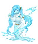  1girl blue_eyes blue_hair blue_skin breasts dripping fox_shadow_puppet goo_girl hand_gesture highres large_breasts looking_at_viewer monster_girl open_mouth original slime solo transparent twintails 