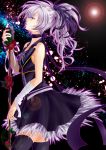  1girl black_legwear black_ribbon choker collarbone flower_(vocaloid) from_side hair_ornament highres holding_microphone long_hair looking_up microphone microphone_stand oyatunoousama ponytail purple_hair red_flower ribbon ribbon_choker solo thigh-highs violet_eyes vocaloid 