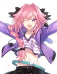  1boy citron_82 crossdressinging fate/apocrypha fate/grand_order fate_(series) long_hair looking_at_viewer navel open_mouth outstretched_arms pink_hair rider_of_black smile solo spread_arms trap 