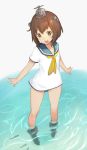  1girl :d ankle_boots bare_legs black_swimsuit blush boots brown_eyes brown_hair collarbone eyebrows eyebrows_visible_through_hair fish headgear kantai_collection keemu_(occhoko-cho) looking_down neckerchief open_mouth sailor_collar shirt short_hair short_sleeves silhouette simple_background smile solo standing swimsuit swimsuit_under_clothes tareme wading water white_background white_shirt yukikaze_(kantai_collection) 