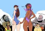  2girls 4boys ass ass_grab asymmetrical_hair backless d.va_(overwatch) glasses gorilla headphones izra lucio_(overwatch) multiple_boys multiple_girls o3o one-piece_swimsuit overwatch pinching reinhardt_(overwatch) smile sombra_(overwatch) swimsuit tongue tongue_out torbjorn_(overwatch) wedgie whisker_markings winston_(overwatch) 