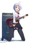  1girl absurdres ahoge amplifier black_legwear blue_eyes blurry breasts depth_of_field erect_nipples guitar highres instrument kneeling long_sleeves nishinomiya_suzu open_mouth original pleated_skirt short_hair silver_hair skirt solo speaker thigh-highs zettai_ryouiki 