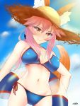  1girl animal_ears bare_shoulders bikini blue_bikini blue_sky blush bow breasts chevalier_ff14 cleavage closed_mouth collarbone commentary_request day eyebrows fate/extra fate/grand_order fate_(series) fox_ears fox_tail groin hair_between_eyes hair_bow hat highres innertube large_breasts looking_at_viewer navel pink_hair side-tie_bikini sideboob signature sky smile solo stomach sun_hat swimsuit tail tamamo_(fate)_(all) tamamo_no_mae_(swimsuit_lancer)_(fate) yellow_eyes 