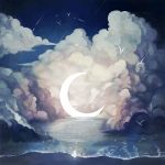  1girl bird clouds coast crescent_moon dress moon night night_sky original seagull shooting_star silhouette sky star_(sky) starry_sky tofuvi water 