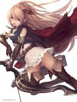  1girl arisa_(shadowverse) blonde_hair boots cygames elbow_gloves elf gloves green_eyes hair_ribbon highres long_hair mushimaro open_mouth pointy_ears red_ribbon ribbon shadowverse solo thigh-highs thigh_boots 