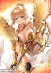  1girl angel armor armored_boots bare_shoulders black_legwear blonde_hair blue_eyes boots breastplate breasts dress feathered_wings gold hair_bun ice_(ice_aptx) iede_tenshi_no_ikusei_keikaku jewelry large_breasts looking_at_viewer navel navel_cutout necklace official_art original sidelocks skindentation smile solo sun thigh-highs white_dress wings 